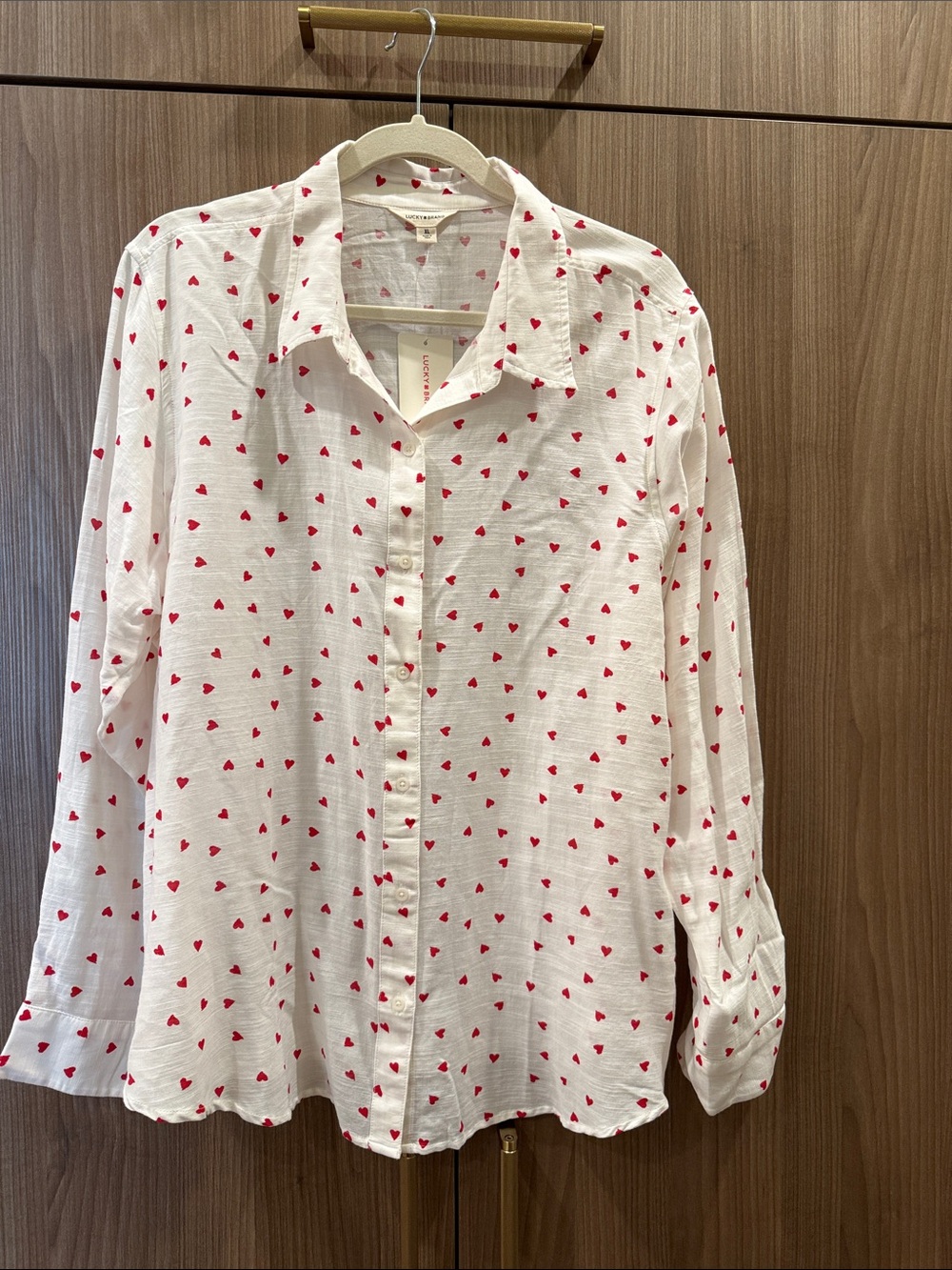 Lucky Brand White Button-Down Shirt with Red Heart Print